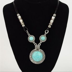 Boho turquoise silver necklace statement piece.